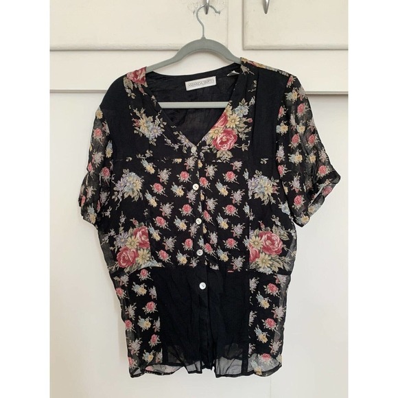 Amanda Smith‎ Size Small Black Floral Vintage Short Sleeve Women's Tops - Picture 2 of 6
